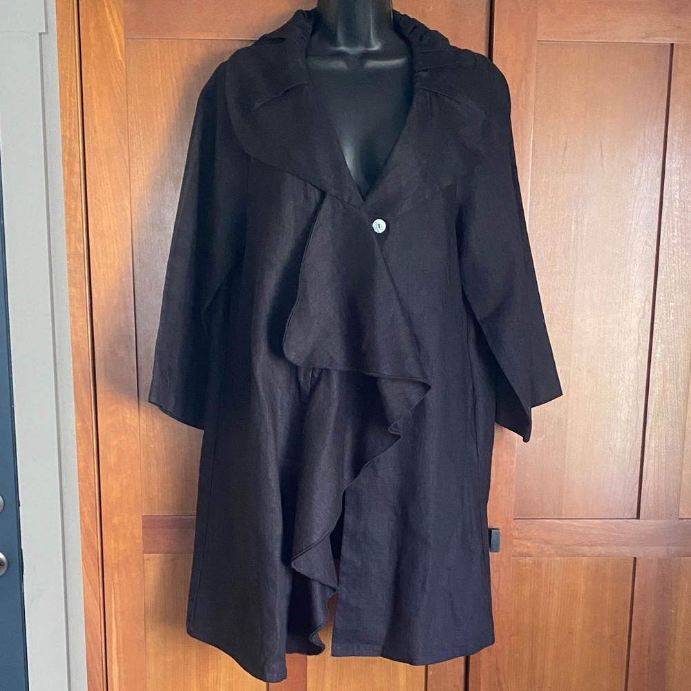 Connie’s Moon Light asymmetrical ruffle front   linen jacket.